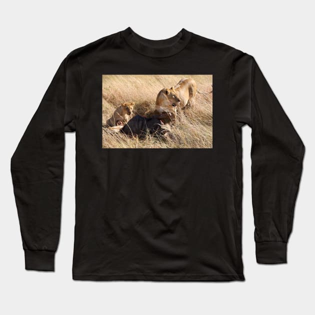 Lioness and Cubs at a Wilderbeest Kill, Maasai Mara, Kenya Long Sleeve T-Shirt by Carole-Anne